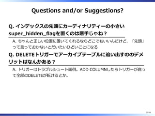 Questions and/or Suggestions?
Q. インデックスの先頭にカーディナリティーの⼩さい
super̲hidden̲flagを置くのは悪⼿じゃね︖
A. ちゃんと正しい位置に置いてくれるならどこでもいいんだけど、「先頭」
って⾔っておかないとだいたいひどいことになる
Q. DELETEトリガーでアーカイブテーブルに追い出すののデメ
リットはなんかある︖
A. トリガーはトラブルシュート⾯倒。ADD COLUMNしたらトリガーが腐っ
て全部のDELETEが転けるとか。
33/33
 