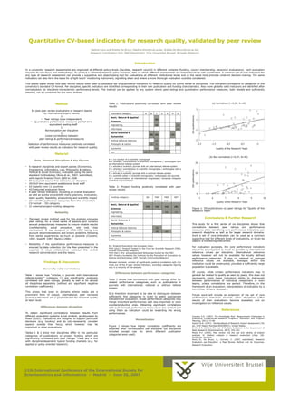 11th International Conference of the International Society for
Scientometrics and Informetrics ▬ Madrid ▬ June 26, 2007
Quantitative CV-based indicators for research quality, validated by peer review
Nadine Rons and Arlette De Bruyn (Nadine.Rons@vub.ac.be, Arlette.De.Bruyn@vub.ac.be)
Research Coordination Unit, R&D Department, Vrije Universiteit Brussel, Brussels (Belgium)
Introduction
In a university, research assessments are organized at different policy levels (faculties, research council) in different contexts (funding, council membership, personnel evaluations). Each evaluation
requires its own focus and methodology. To conduct a coherent research policy however, data on which different assessments are based should be well coordinated. A common set of core indicators for
any type of research assessment can provide a supportive and objectivating tool for evaluations at different institutional levels and at the same time promote coherent decision-making. The same
indicators can also form the basis for a 'light touch' monitoring instrument, signalling when and where a more thorough evaluation could be considered.
This poster paper shows how peer review results were used to validate a set of quantitative indicators for research quality for a first series of disciplines. The indicators correspond to categories in the
university's standard CV-format. Per discipline, specific indicators are identified corresponding to their own publication and funding characteristics. Also more globally valid indicators are identified after
normalization for discipline-characteristic performance levels. The method can be applied to any system where peer ratings and quantitative performance measures, both reliable and sufficiently
detailed, can be combined for the same entities.
Method
Ex post peer review evaluations of research teams
by international expert panels
⇓
  Peer ratings (size-independent)
  Quantitative performance measures per full time
equivalent leading staff
⇓
Normalization per discipline
⇓
Linear correlations between
peer ratings & performance measures
⇓
Selection of performance measures positively correlated
with peer review results as indicators for research quality.
Material
Data, Research Disciplines & Key Figures
  6 research disciplines and expert panels (Economics,
Engineering, Informatics, Law, Philosophy & Letters,
Political & Social Sciences), evaluated using the same
standard methodology (Rons et al., 2007, submitted),
with reports finalized from 2000 to 2006
  57 evaluated teams, 9 to 11 teams per discipline
  263 full time equivalent postdoctoral level staff
  63 experts from 11 countries
  427 returned evaluation forms
  8 peer review indicators, including an overall evaluation
as well as scores on scientific merit, planning, innovation,
team quality, feasibility, productivity and scientific impact
  23 scientific publication categories from the university's
CV-format + ISI-category
  21 external project-funding categories
Reliability
  The peer review method used for this analysis produces
peer ratings for a broad series of aspects and contains
several precautionary measures to ensure reliable results
(confidentiality, panel procedure, site visit, bias
verification). It was designed in 1996-1997 taking into
account recommendations and known problems following
from earlier experiences as much as possible (Cozzens,
1997; Kostoff, 1997; Martin, 1996).
  Reliability of the quantitative performance measures is
ensured by data collection (for the files presented to the
experts) in close collaboration between the central
research administration and the teams.
Table 1: Publications positively correlated with peer review
results
A = (co-)author of a scientific monograph
B = articles / contributions in scientific monographs / anthologies with
an international referee-system
C = articles in scientific journals with an international referee-system
D = articles / contributions in scientific monographs / anthologies with a
national referee-system
E = articles in scientific journals with a national referee-system
H = scientific editor of scientific monographs / anthologies and journals
I1 = communications at international congresses / symposia integrally
published in proceedings
Table 2: Project funding positively correlated with peer
review results
EU: Projects financed by the European Union
FWO (proj.): Projects funded by the Fund for Scientific Research (FWO,
Flemish Community, Belgium)
FWO (fell.): Pre- and postdoctoral fellowships funded by the FWO
IWT: Projects funded by the Institute for the Promotion of Innovation by
Science and Technology (IWT, Flemish Community, Belgium)
Between brackets: number of significantly positive correlations with 3 or
more out of the 8 peer review indicators, excluding categories figuring
only in a minority of the dossiers.
Differences between performance categories
Table 1 shows how correlations with peer ratings differ for
related performance categories, such as publications in
journals with international, national or without referee
system.
It is therefore important to be able to distinguish between
sufficiently fine categories in order to select appropriate
indicators for evaluation. Broad performance categories may
merge important performances with less important or even
counterproductive ones. Obtaining significant correlations
with such "mixed" performance measures is less evident and
using them as indicators could be rewarding the wrong
performances.
Normalization
Figure 1 shows how higher correlation coefficients are
obtained after normalization per discipline (all disciplines
included except Law for which different publication
categories were used).
Figure 1: ISI-publications vs. peer ratings for "Quality of the
Research Team"
Conclusions & Further Research
This study for a first series of six disciplines shows that
correlations between peer ratings and performance
measures allow identifying core performance indicators, per
research discipline as well as for larger research domains.
Such a set of core indicators can be used as a common
supportive tool for different kinds of evaluations, or it can be
used in a monitoring instrument.
For evaluation purposes, the core performance indicators
should be accompanied as much as possible by international
reference values per discipline. International reference
values however will not be available for locally defined
performance categories. If also no national or regional
reference values are available, averages within the
institution could be constructed, provided a sufficiently large
population is available.
Of course, while certain performance indicators may in
general be related to quality as seen by peers, this does not
necessarily imply these indicators' ability to distinguish
between performances of individual researchers or even
teams, unless correlations are perfect. Therefore, in the
framework of an evaluation, interpretation of indicators by a
committee remains necessary.
Future work will include an extension of the set of core
performance indicators towards other disciplines (after
results of their evaluations become available) and an
investigation on reference values.
References
Cozzens S.E. (1997). The Knowledge Pool: Measurement Challenges in
Evaluating Fundamental Research Programs. Education and Program
Planning, 20(1), 77-89.
Kostoff R.N. (1997). The Handbook of Research Impact Assessment (7th
ed., DTIC Report Number ADA296021). United States.
Martin B.R. (1996). The Use of Multiple Indicators in the Assessment of
Basic Research. Scientometrics, 36(3), 343-362.
Moed, H.F. (2005). Peer review and the use and validity of citation
analysis. In Citation analysis in research evaluation (chap. 18).
Dordrecht: Springer.
Rons, N., De Bruyn, A., Cornelis, C. (2007, submitted). Research
Evaluation per Discipline: a Peer Review Method and its Outcomes.
Research Evaluation.
Findings & Discussion
Generally valid correlations
Table 1 shows how “articles in journals with international
referee-system" (category C) are significantly positively
correlated with peer ratings, globally as well as for almost
all disciplines separately (without any significant negative
correlation coefficients).
This shows that even in domains where books are a
prominent form of output, international, peer reviewed
journal publications are a good indicator for research quality
at team level.
Differences between disciplines
To obtain significant correlations between results from
different evaluation systems is not evident, as discussed by
Moed (2005). Evaluations are designed to support particular
decisions (e.g. funding) and do not necessarily consider
aspects outside their focus, which however may be
important in other evaluations.
Tables 1 & 2 show how disciplines differ in the particular
categories of publications or project funding which are
significantly correlated with peer ratings. These are in line
with discipline-dependent typical funding channels (e.g. for
applied or policy oriented research).
 
