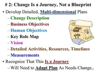 # 2: Change Is a Journey, Not a Blueprint
• Develop Detailed, Multi-dimensional Plans
– Change Description
– Business Objectives
– Human Objectives
– Key Role Map
– Vision
– Detailed Activities, Resources, Timelines
– Measurements
• Recognize That This Is a Journey
– Will Need to Adapt Plan As Needs Change17
 