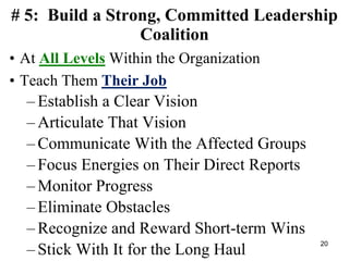 # 5: Build a Strong, Committed Leadership
Coalition
• At All Levels Within the Organization
• Teach Them Their Job
– Establish a Clear Vision
– Articulate That Vision
– Communicate With the Affected Groups
– Focus Energies on Their Direct Reports
– Monitor Progress
– Eliminate Obstacles
– Recognize and Reward Short-term Wins
– Stick With It for the Long Haul
20
 