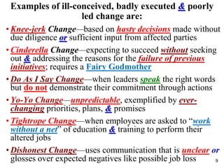Examples of ill-conceived, badly executed & poorly
led change are:
• Knee-jerk Change—based on hasty decisions made without
due diligence or sufficient input from affected parties
• Cinderella Change—expecting to succeed without seeking
out & addressing the reasons for the failure of previous
initiatives; requires a Fairy Godmother
• Do As I Say Change—when leaders speak the right words
but do not demonstrate their commitment through actions
• Yo-Yo Change—unpredictable, exemplified by ever-
changing priorities, plans, & promises
• Tightrope Change—when employees are asked to “work
without a net” of education & training to perform their
altered jobs
• Dishonest Change—uses communication that is unclear or
glosses over expected negatives like possible job loss 9
 