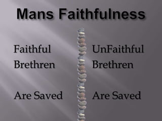 SaintsAintsFaithful BrethrenFaithful Brethren Unfaithful   BrethrenLost ForeverInsane JoyLove of the   WordGods JudgmentHoly SpiritStill SavedHelped by GODPeace Of GODGods JudgmentGiven GraceFellowshipOf BelieversStill SavedSweet  Prayer LifeGODS Mercy