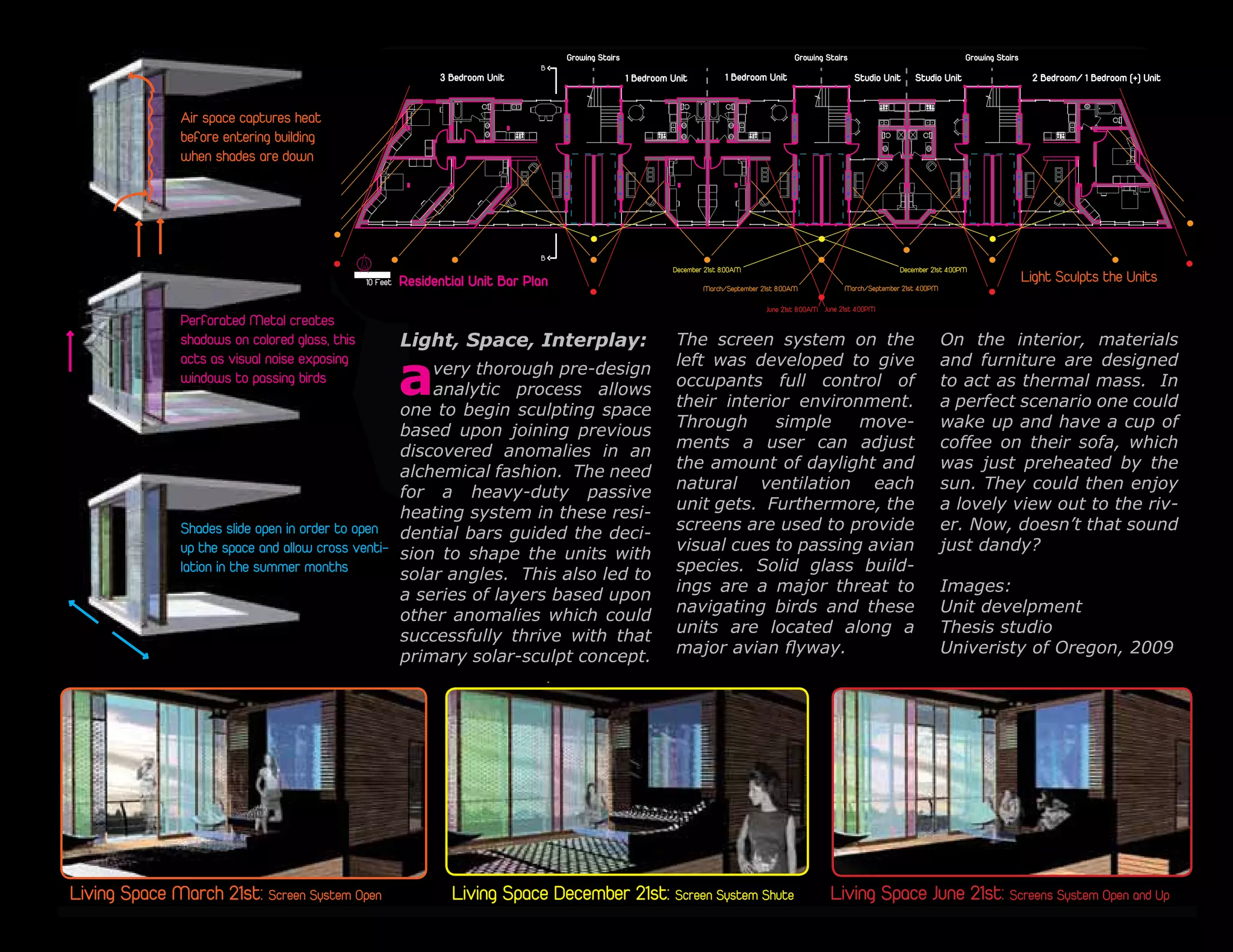 ce roof water available Screen System Open
 % March 21st:                                                                                                                                            Living Space December 21st: Screen System Shute Machinge Space Space June 21st: Screens System Open and Up
                                                                                                                                              Thermal Mass floor             house en route to wetland sent to Living    Living
                                                                                                                                                                                                                      Kitchen
 t 4:00PM                                          Shades slide open in order to open           evolves into furniture
                                                   up the space and allow cross venti- Stairs
                                                                              Growing                                                                                                                                                             Growing Stairs                                                             Growing Stairs
                                                     Steel Internal Structure
                                                   lation in the summer months is collected off
                                                                   B       Water                     Living Space water
                                                                                                          Solar heated March                                                                                           21st: Screen System Open                 Living Space December 21st: Screen System Shute                                    Living Space June 21st: Screens System Open and Up
                3 Bedroom Unit                               - Long Life Span
                                                                                                 green roof                                    1 Bedroomgreenhouse
                                                                                                                                                     from Unit                                                             1 Bedroom Unit Stairs
                                                                                                                                                                                                                                        Growing                             Studio Unit Bedroom Stairs
                                                                                                                                                                                                                                                                                     3 Studio Unit
                                                                                                                                                                                                                                                                                             Growing
                                                                                                                                                                                                                                                                                                     Dwelling                                              2 Bedroom/ 1 Bedroom (+) Unit
                                                                                                                                                                                                                                                                                                                                                              Growing Stairs
                                                                                                                                                                                                                                       B                                               Bedroom 2
                                                                                                                                                                                                                Water returns to green-
                                                                                                                                                                                                           3 Bedroom Unit                            Black Water seperated and
                                                                                                                                                                                                                                                            1 Bedroom Unit                 1 Bedroom Unit                       Studio Unit      Studio Unit                 2 Bedroom/ 1 Bedroom (+) Unit
                                                                                                                                                                                                                house en route to wetland            sent to Living Machinge
                                                                                                 Evacuated tubes for
                                                                        Air space captures heat
                                                                               heating water that                                                                                                                                                           Bedroom 1
                                                                        before enteringthe units
                                                                               passes into
                                                                                            building
                                                                        when shadesfed watering
                                                                                         are down
                                                                                Large water tanks for                                                                                                                                                        Bedroom 2
                                                                                gravity                                                                                                                  Cross ventilation                                                                                                                                                                   Bedroom 3
                                                                                                 system
ure                             Living Space March 21st: Screen System Open
                                   Bedroom 2
                                           Water Collected and dispersed                                                                                                                     Living Spacein public area Screen System Shute
                                                                                                                                                                                                          December 21st:                                                                   Living Space June 21st: Screens System Open and Up
                                                           Air space captures heat                                                                                                                     Bedroom 3                       Bedroom 1 Stairs
                                                                                                                                                  Growing Stairs                                                                             Growing                                                   Growing Stairs
                  Bedroom 1                                before heating building
                                                            - Solar entering
                                                                                   ShadowsBedroom Unit create
                                                            - Irrigation in Living Unit
                                                                     3 Bedroom Stairs
                                                                                              B
                                                           when shades Each unit gets their own
                                                                              are down         1 and Colors           1 Bedroom Unit                                                                                                                                Studio Unit          Studio Unit                          2 Bedroom/ 1 Bedroom (+) Unit
 ventilation
                                                 green house room                  visual noise which ventilation
                                                                                                   Cross prevents
 re
 c area               Living Space March 21st: Screen System Open
                         Bedroom 2
                                                                                     Living Spacein public area Screen System Shute
                                                                                                    December 21st:           B                                                                                                                                  Living Space June 21st: Screens System Open and Up
                                                                                   birdsBedroom 3 colliding with Growing Stairs
                                                                                           from                                                                                                                                                                             December 21st 8:00AM                                            December 21st 4:00PM
                                                                    Growing Stairs                                                                                                                                                                                          Growing Stairs                                                                                Light Sculpts the Units
                                                                        ShadowsBedroom Unit create Unit Bar Plan Studio Unit
                                                 As tanks fill up water is             10 Feet Residential
             Bedroom 1                                      B
                                                 stored below for irriga-
                                    3 Bedroom Unit                                 structure
                                                                                   1 and Colors        1 Bedroom Unit                                                                                                                                         Studio Unit
                                                                                                                                                                                                                                                                                    March/September 21st 8:00AM
                                                                                                                                                                                                                                                                                               2 Bedroom/ 1 Bedroom (+) Unit
                                                                                                                                                                                                                                                                                                                             March/September 21st 4:00PM
                                                                                                tion, evaporative cooling,
ventilation                                                                       visual noise which prevents
                                                                                                and is rerouted back to                                                                                                                                                                               June 21st 8:00AM June 21st 4:00PM
  area                                                  Perforated Metal createsfrom colliding with
                                                           B                      birds         the wetland for natural
                                                        shadows on colored glass, this
                                                                                  structure         Light, Space, Interplay:
                                                                                                filtration
                                                                                                   December 21st 8:00AM                                                                                The screen system on the On the interior, materials                                         Water is collected off
                                                                                                                                                                                                                                                                                             December 21st 4:00PM            B

                                                                                                                                                                                     a
                                                 Flooring responds to daylight                        Bathroom connects
                                                                                                                                                                                                       left was developed to give Light furniturethe Units          and Sculpts are designed
                                                                                                                                                                                                                                                                         Cross braces in the
dispersed                                                 Growingheating  Stairs
esidential Unit                                 Bar- Thermal Mass for creates
                                                      Plan Metal
                                                                                                                                                                                                                                                                                                   green roof
                                                        acts as visual noise exposing                 to kitchen to limit                                                                                                                                                stair structure keep                                t
                                                   Perforated
                                                        windows to passing birds
                                                                                                           very thorough pre-design
                                                                                                      plumbingMarch/September 21st 8:00AM
                                                                                                               area                                                                                                                                                    March/September 21st 4:00PM
                                                                                                                                                                                                                                                                         the buildings stable un-
                                                    - Wood for Light reflectivity                                                                                                                      occupants full control of to act as thermal mass. In                                                                  p
rs                                        shadows on colored glass, this                                                       analytic process allows                                                                                                                   der strong wind       Bathroom connects
dispersed                                 acts as visual noise exposing                                     Balcony onto begin sculpting space21st 4:00PM interior environment. Bedroom 2
                                                                                                         Bathroom connects
                                                                                                                     one
                                                                                                         to kitchen to limit
                                                                                                                                    South                      June 21st 8:00AM June                   their                                                        a perfect scenario kitchencould
                                                                                                                                                                                                                                                                                               to
                                                                                                                                                                                                                                                                                                  one to limit
                                          windows to passing birds B                                        Facade
                                                                                                         plumbing area                                                                                 Through               simple                 move- wake up and haveEvacuated tubesof    plumbingcup that
                                                                                                                                                                                                                                                                                                     a area for
 s                                                                                                                   basedDecember 21st 8:00AM
                                                                                                                                       upon joining previous heat December 21st 4:00PM                                                                                                             heating water
                                                                                                                                                                                                       ments a user can 2 adjust 1 the Units on their sofa, into the units
                                                                                                                                                                                                                                            Light Sculpts coffee                                   passes which
                                                                                           Landing Pads for Avian Species                                                    Air space captures                                                        Bedroom
Mass floor                    10 Feet Residential Unit Bar Plan
                                                                                          Balcony on South  Kitchendiscovered anomalies in an
                                                                                                                      Space                                                  before entering building                                  Bedroom
                                                                                                                                                                                                                                                                                          Water is collected off
 to furniture                                                                             Facade                     Cross braces in the                                                               the amount of daylight and was just preheated by thefor
                                                                                                                                                                                             March/September 21st 4:00PM
                                                                                                                                            March/September 21st 8:00AMwhen shades are downOperable Louvres for                                                                                             Bedroom 3
                                                                                                                     alchemical fashion. The need 4:00PMcross ventilation dur- Bedroom public area                              Cross ventilation                                                  Large water tanks
                                                               Seasonal Shading Provided                                                                   Green Roof directs
                                                                        B
                                                               by surrounding Canopy                                                                      water to Stair System
                                                                                                                                                                                                                                                                                          green roof fed watering
                                                                                                                 Living Space keep entering 21st 8:00AM June 21st 4:00PM natural ventilation each sun. They could then enjoy
                                                                           Landing Pads for Avian Species                                              Air space captures heat
                                                                                                                  December 21st 8:00AM                        for collection         December 21st                              in 1                                                               gravity
                                                                                                                     stair structure before June
                                                                                                 3 BedroomMarch/Septemberheavy-dutybuildingpassive ing the summer seasonSculpts the Units the a lovely view out to the riv-
                                                                                                                                                                                                                      Light
 Solar heated water
Mass floor               10 Feet Residential Unit Bar Plan                                 Kitchen Space
                                                                                                                     for Dwelling 8:00AMwhen shades are down 21st 4:00PM
                                                                                                                                   a 21st                                                                                                                                                          system
 from greenhouse
                                                                                                                                                                                                       unit ventilation Colors create
                                                                                                                                                                                                          Cross gets. Furthermore,
  o furniture                                                                                                                                                       March/September
                                       Stairs become growing space
                                                    Seasonal Shading Provided
                                                                                                                     the buildingssystem in these resi-
                                                                                                                                          stable un-
                                                                                                                                   Green Roof directs
                                                                                                                                                                                                            Shadows and
                                                                                                                     heating Thermal Mass 4:00PM
                                                                                                                                            June 21st 8:00AM June 21st floor                                                                                                                                       Kitchen Spa
                                                    by surrounding Canopy                                                         water to Stair System

                                                                                                Living Space                          for collection
                                                                                                                                                                                                          invisual area
                                                                                                                                                                                                             public noise
Solar heated water
daylight
                                                         Black Water seperated and
                       Water returns to - Open for natural ventilation
                                            green-
                                                 Shades slide open in3 Bedroom Dwellingstrong bars in the furnituredeci- Colors create from colliding with
                                                                                  order to open der                                      wind                                                          screens which prevents to provide Waterroof Now, doesn’t that sound
                                                                                                                                                                                                                          are used                                  er.collected off
                                                                                                                                                                                                                                                                      is
 rom greenhouse        house en route to wetland         sent to Living Machinge
                                           - Close for heat collection                                               dential evolves keep
                                                                                                                                     Cross braces
                                                                                                                                                      guided the Shadows and
                                                                                                                                                          into                               A cool Breeze in the summer
                                                                                                                                                                                                            birds
                                                                                                                                                                                             when the slides are open.                                         green
                                                 up the space and allow cross venti- sion toMass floor the                                                                         visual noise which visual cues to passing avian                                  just dandy? Space
                                                                                            Opperable Edge
                                                                                                                       Thermalstair structure                                                                                                                                       Kitchen
                                          Shades slide open in order to open Roof Water Harvesting Potential units birds from colliding with to the
                                                                                                                       evolves keep shape                                             with water flows
 ting               Water returns to green-      Black Water seperated and                                                                                                                                  structure
                                                                                                                                                                                                       prevents                      Water is collected off
  aylight                                                                                                         Cross braces in the buildings stable un-
                                                                                                                                     the
                                                               the summer venti- Portland, Oregonstructurein/yearfurniture            into                                                             species. Solid green roof build-
                                                                                                                                                                                                                                      glass
                    house en route to wetland    sent to Living Machinge                                                                                                               Over flow
                                                                                                                                                               A cool Breeze in the summer                Opperable Edge
                                                                                                                                                                                                                                                                                                  Each unit gets their own
  ivity                                          lation inand allow cross months                                                                               when the slides are open.

                                                                                                                                                            Solar heated water of the building                                                                                            Evacuated tubesroom
                                                                                                                                                                                                                                                                                                  green house for
                                          up the space                                                               solarstable un-angles. This also led Metal createsthis to
                                                                                                                  stair - 42.7 der strong wind
                                                                                                                                                                                           to glass,
                                                                                                                                                                             Perforated side
                                                                           Opperable Edge




                                                                                                                                                                                                                                                                                                                                                                                              3 Bedroom
  ing                                                                                                                                                                                  north
                                                                                                                                                                                   structure
                                          lation in the summer months                            3 Bedroom the(1536sqft) 39,352.32 gallons/year
                                                                                                                       buildings                                                        on colored
                                                                                                                                                                            Opperable Edge
                                                                                                                                                                                                       ings are a major threat to Images:
                                                                                                                                                                             shadowsbe collected in a rain garden.
                                                                                                                                                                                                                                                                                          heating water that
                                                                                                 2 Bedroom (1024sqft) wind Solar layers
                                                                                                                  der strong 26,234.88of heated water acts
                                                                                                                     a series gallons/year from greenhouse cast from the unit are
 vity                                                                                                                                                  Perforated based as visual noise exposing
                                                                                                                                                                   Metal creates upon

                                                                                                                                                                                                                                                                                                                                                                   3 Bedroom Dwelling
                                                                                                                                                                                       Shadows
                                                                                                                                                       shadows on colored glass, this to passing birds
                                                                                                                                                                             windows                   navigating birds and these Evacuated tubes for               Unit develpment intoBathroom connects
                                                                                                                                                                                                                                                                                          passes As tanks fillunits is
                                                                                                                                                                                                                                                                                                        the up water
                                                                                                                     other anomalies which could will slowly navigates on South Evacuated tubes for
                                                                                                 1 Bedroom (768sqft) 19,676.16 gallons/year as visual noise exposing used to keep temperatures low.
                                                                                                                                        from greenhouseacts                                                                                                    heating water that                      to kitchen to limit
                                                                                                                                                                                                                                                                                                  stored below for irriga-
                                                                                                                                                                                                       units are located water that Blackpasses into the units
                                                                                                                                                                                                         Water returns to heating along a Water seperated and tion, plumbing areacooling,
                                                                                                                                                                                                                                                                    Thesis studio
                                                                                                                                           Light Trickles in
                                                                                                 Studio          (512sqft) 13,117.44 gallons/year                                      This water               Balcony
                                                                                                                                                       windows to passing birds
                                                                                                                                           From other rooms

                                                                                                                     successfully thrive with thattheSouth of the site                 back to       center     Facade
                                                                                                                                                                                                                                     green-                                                            evaporative
                                                                                                                     Operable Louvres for
                                                                                                                       Light Trickles in

                                                                                                 Tank Compacity:
                                                                                                                       From other rooms
                                                                                                                                                                                Water thenon the house en route flyway. the units sentand Univeristy of Large water tanks for
                                                                                                                                                                                        Balcony
                                                                                                                                                                                                   to major avian to passes into seperated to Living Machinge Oregon, 2009
                                                                                                                                                                                       and returnswetland.to green-          Blackwetland
                                                                                                                                                                                                                                      Water                                                       and is rerouted back to
                                                                                                                     primary solar-sculpt concept.route to wetland                      Facade
                                                                                                                                                Warm Mass on
                                                                                                                                     Operable Louvres for                                                                                                      Large water tanks for              the wetland for natural
                                       Wood Frame Shell                                          4 Tanks at 1024cross ventilation dur-
                                                                                                                                                Winter days
                                                                        Visual Noise
                                                                                                                      cubic feet = max of 6,378.31 gal/tank
                                                                                                                           Warm Mass on
                                                                                                       Operable unit cycles cross ventilation dur-
                                                                                                                     Louvres for
                                                                                                         Collected Water
                                                                                                                           Winter days                                          house en                                     sent to Living Machinge                                      gravity fed wateringLarge water tanks for                gravity fed watering                    filtration
                                                                                                           = 25,513.24 gallons total
                                                                                                         through the
                                                                                                                                                                                                                                                                                          Living Space
                                     - Short Life span
                                                         Living Space June 3 Stair Screensperthe the summer seasonbar
                                                                                                         ing                                                                                                                                                                                                                                                                     system
                                                                                Collected Water cycles
                                                           Visual Noise                                cross ventilation dur- summer season                                                                                                                                                                   gravity fed watering
                                                                              21st: Wells ing unit bar ing76,539 gallons/unit
                                                                                                         System Open and the
 ving Space December 21st: Screen System Shute                                                                                                                                                                                                                 Living Space                                                                        system
                                                                                                                                                                                                                                                                                                                                                                                   Growing Stairs
                                                                                through the unit
                                                                                                                            = Up
 ving Space December 21st: Screen System Shute from Site Forestry 21st: Screens System Open and=Up summer season available
 g space                             - Repaired Living June 21st June
                                                        Space                                                  77.8% roof water                                                                                                                                                                         Thermal Mass floor
                                                                                                                                                                                                                                                                                                              system                                                                                         K
                                                Growing Stairs                                                            Growing Stairs21st                                                                                                                               Thermal Mass floor                                                                                       Kitchen Space
 g space                                 Growing Stairs                                June 21st
                                                                                                                          March/September
                                                                                                             Growing Stairs21st
                                                                                                             March/September                 December 21st
                                                                                                                                                                     December 21st
                                                                                                                                                                                                                                                   Shades slide open in order to open
                                                                                                                                                                                                                                Shades slide open in order to open                                     evolves      into furniture
ation                     1 Bedroom Unit                                   StudioStudio Unit Cooling Days DaysBedroom/ Days Bedroom/ 1 Bedroom (+) Unit
                                                                                  Unit Studio Unit                Heating 2                                                                                                                            up the space and allow cross venti- furniture
                                                                                                                                                                                                                                                                              evolves into
room Unit
 room
ationUnit             1 Bedroom Unit                         Studio Unit              Cooling Days    Heating 2          1 Bedroom (+) Unit                                                                                     up the space and allow cross venti-
 n                                                                                                                                                                                                                              lation in the summer months in the summer months
                                                                                                                                                                                                                                                       lation                                                        Solar heated water
                                                                                                                                                                                                                                                                                                                                                                               3 Bedroom Dwelling 3 Bed
n                                                                                                                                                                                                                                                                                       Solar heated water
                                                                                                                                                                                                                                                                                                                     from greenhouse
                           Roof Water Harvesting Potential
                          Roof Water Harvesting Potential Tree SaplingsOver flow water flows towater flows to the
                                                     Tree Saplings        Bike Parking Over flow the
                                                                                          Bike Parking
                                                                                                                                                                                                                                                                                       from greenhouse
                                                                                                                                                                                                                                                                                                                  Each unit gets their own       Each unit gets their own
er Harvesting Oregon -in/yearin/year gallons/year
         3 Bedroom
                     Potential
       Portland, Oregon - 42.7 42.7
         Portland,
                          3 Bedroom      (1536sqft) 39,352.32 gallons/year
                          (1536sqft) 39,352.32                                        Over flow water garden.in ato the
                                                                                           be collected inbe rain flows rain garden.
                                                                                                            a collected
                                                                                                                                                      north side of north side to the building to
                                                                                                                                                                    the building of
                                                                                                                                                                                                                                                              Eachto Living Machinge own
                                                                                                                                                                                                                                                               sent unit gets their
                                                                                                                                                                                                                                                                                                                  Waterhouse room green-
                                                                                                                                                                                                                                                                                                                  green returns to
                                                                                                                                                                                                                                                                                                                  house en route to wetland
                                                                                                                                                                                                                                                                                                                                                 Waterhouse seperated and
                                                                                                                                                                                                                                                                                                                                                 greenWater room green-
                                                                                                                                                                                                                                                                                                                                                  Black returns to
                                                                                                                                                                                                                                                                                                                                                 houseto Living Machinge
                                                                                                                                                                                                                                                                                                                                                  sent en route to wetland
                                                                                                                                                                                                                                                                                                                                                                                 Black Water seperated and

                          2 Bedroom (1024sqft) 26,234.88 gallons/year                      Shadows cast from the unit are
n - 42.7 in/year             2 Bedroom (1024sqft) 26,234.88 gallons/year
                          1 Bedroom (768sqft) 19,676.16 gallons/year BB
                                                             Unit Secion
                             1 Bedroom (768sqft) 10 Feet 10 Feet gallons/year
                                                        19,676.16 Unit Secion
                                                                                                           Shadows cast from the unit are
                                                                                      north side oftemperatures low. to
                                                                                           used to keep the building
                                                                                                                                                                                               As tanks fill up water is
                                                                                                                                                                                               stored below for irriga-
                                                                                                                                                                                                                             As tanks fill up water is        green house room
                                                                                BB         This water used to keep temperatures low.
                          Studio
536sqft) 39,352.32 gallons/year
                          Studio
                                     (512sqft) 13,117.44 gallons/year
                                             (512sqft) 13,117.44 gallons/year         be collectedwill slowly navigatesslowly navigates
                                                                                                           in a of the will
                                                                                                           This rain garden.
                                                                                           back to the center water site
                                                                                                                                                                                               tion, evaporative cooling,    stored below for irriga-
                                                                                                                                                                                               and is rerouted back to       tion, evaporative cooling,
 qft) 26,234.88Compacity:
                       Tank gallons/year                                              Shadows cast wetland. the unit the site
                                                                                           and then to the from center of are
                                                                                                           back to the
                                                                                                                                                                                                                             and is rerouted back to
                          Tank Compacity:
                       4 Tanks at 1024 cubic feet = max of 6,378.31 gal/tank                               and then to the wetland.
                                                                                                                                                                                               the wetland for natural                                        As tanks fill up water is
qft) 19,676.16 gallons/year gallons total of 6,378.31 gal/tank                        used to keep temperatures low.                                                                           filtration                    the wetland for natural
       December 21st 8:00AM                 = 25,513.24 feet = max
                          4 Tanks at 1024 cubic                                 December 21st 4:00PM
                                                                                                                                                                                                                             filtration                       stored below for irriga-
 ft) 13,117.44 Wells per unit = = 76,539 gallons/unit bar Light This water will slowly navigates
estry December 21st 8:00AM gallons/year 25,513.24 gallons21st: 4:00PM
                       3 Stair                    bar                                 Sculpts the Units
                                                                                                                                                                                         GrowingLiving Space June 21st: Screens System Open andcooling,
                                                                                                                                                                                                          Stairs
                       LivingWells77.8% roof water available gallons/unit barSystem Open the UnitsLiving Space December 21st: Screen System Shute
                                        Space March December 21st Screen Light Sculpts
               March/September 21st 8:00AM
                                            =
                                                                        total
                                                         March/September 21st 4:00PM
                                                                                                                                                                                                                                                              tion, evaporative Up
                          Living8:00AM= June 21st 4:00PM water4:00PM 21st: ScreentoGrowing Stairs of the site Living Space December 21st: Screen System Shute Stairs Stairs andJune 21st: Screens Syst
                                                                                      back the center                                                                                                              GrowingLiving Space is rerouted back to
                          3 Stair              per unit March/September
                                                        bar = 76,539
 estry          March/September 21st 8:00AM
                                              Space roof 21st available
                                                    77.8%     March
                                 June 21st 8:00AM June 21st 4:00PM
                                                                                               System Open
                                                                                      and then to the wetland.
                                                                                                                                                                    Growing Stairs                                     Growing
                                  June 21st
                                                                              Steel Internal Structure off
                                                                                        B                                                                                                                                                               June 21st: wetland for natural
                                                                                                                                                                                                                                                              the Screens
                                                                                                                                                                                                                                       Living SpaceGrowing Stairs System Open and Up
                                                                                                                 GrowingLiving Space March 21st: Screen System Open          Living Space December 21st: Screen System Shute
                                                                                              Water is collected
     Cross braces in the
ubic stair structure=keep of 6,378.31 gal/tank
      feet              max                                  3 Bedroom Unit - Long Life Span roof
                                                                                              green                         Stairs
                                                                                                                       1 Bedroom Unit        1 Bedroom Unit Stairs                  Studio Unit Stairs Growing Stairs
                                                                                                                                                                                       Growing Studio Unit                                  2 Bedroom/ 1 Bedroom (+) Unit
                                                                                                                                                                Growing                                                                        Growing Stairs
 