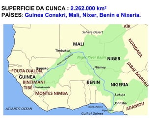 SUPERFICIE DA CUNCA : 2.262.000 km2
PAÍSES: Guinea Conakri, Malí, Níxer, Benín e Nixeria.
BINTIMANI
TIBÉ
JABALM
ARRAH
ADAMOU
MANDARA
AÏR
MONTES NIMBA
FOUTA DJALÓN
 