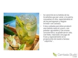 Se convirtió en la bebida de los brasileños que por amor a la patria, recusaban el vino, especialmente el de los portugueses y elegían brindar con cachaza. Estos cuidados permiten producir una bebida natural y pura, con paladar agradable y con aroma característico, se puede servir sola, con hielo, mezclada con jugo de fruta y especialmente en la preparación de nuestra famosa "caipiriña". 