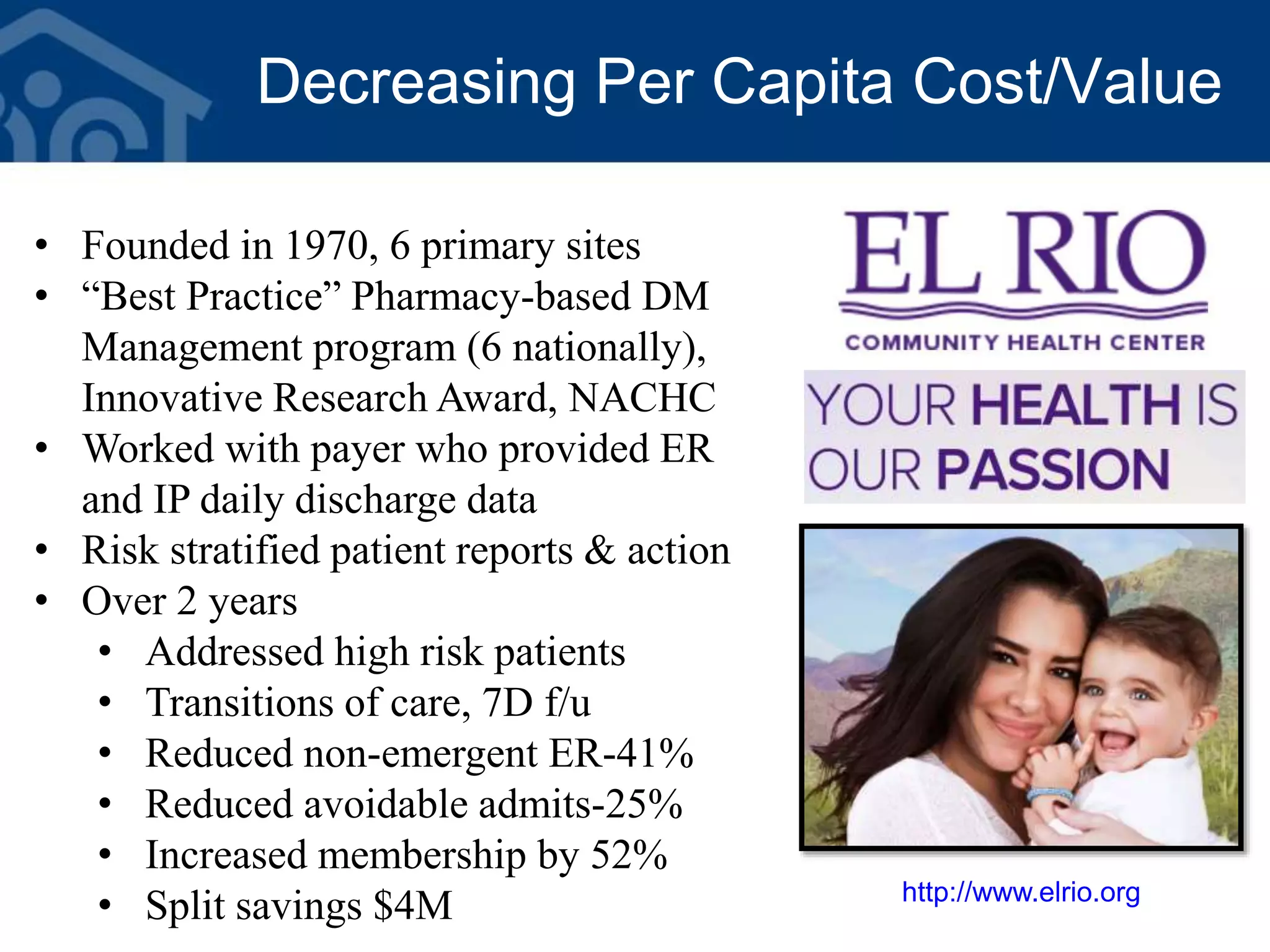 Decreasing Per Capita Cost/Value
http://www.elrio.org
• Founded in 1970, 6 primary sites
• “Best Practice” Pharmacy-based DM
Management program (6 nationally),
Innovative Research Award, NACHC
• Worked with payer who provided ER
and IP daily discharge data
• Risk stratified patient reports & action
• Over 2 years
• Addressed high risk patients
• Transitions of care, 7D f/u
• Reduced non-emergent ER-41%
• Reduced avoidable admits-25%
• Increased membership by 52%
• Split savings $4M
 