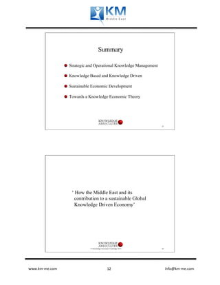 Summary

                  �   Strategic and Operational Knowledge Management

                  �   Knowledge Based and Knowledge Driven

                  �   Sustainable Economic Development

                  �   Towards a Knowledge Economic Theory




                                                                                                                                                           23




                      ‘ How the Middle East and its
                        contribution to a sustainable Global
                        Knowledge Driven Economy’




                                 © Knowledge Associates Cambridge 2013                                                                                     24




www.km-­‐me.com           	
                      	
   12	
              	
  	
  	
  	
  	
  	
  	
  	
  	
  	
  	
  	
  	
  	
  	
  	
  	
  	
  	
  	
  	
  	
  	
  	
  	
  	
  	
  	
  	
  	
  	
  	
  	
  	
  	
  	
  	
  	
  info@km-­‐me.com	
  
 