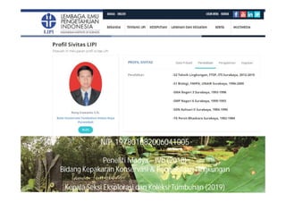 NIP. 197801082006041005
Peneliti Madya – IVb (2018)
Bidang Kepakaran Konservasi & Pengelolaan Lingkungan
Kepala Seksi Eksplorasi dan Koleksi Tumbuhan (2019)
 