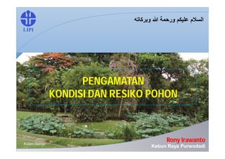 Kebun Raya PurwodadiKebun Raya Purwodadi
Rony Irawanto
PENGAMATAN
KONDISI DAN RESIKO POHON
‫وﺑرﻛﺎﺗﮫ‬ ‫ﷲ‬ ‫ورﺣﻣﺔ‬ ‫ﻋﻠﯾﻛم‬ ‫اﻟﺳﻼم‬
 