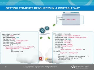 GETTING COMPUTE RESOURCES IN A PORTABLE WAY
® Copyright 2012 GigaSpaces Ltd. All Rights Reserved22
compute {
template "SMALL_LINUX"
}
SMALL_LINUX : template
imageId "us-east-1/ami-76f0061f“
remoteDirectory "/home/ec2-user/gs-files“
machineMemoryMB 1600
hardwareId "m1.small"
locationId "us-east-1"
localDirectory "upload"
keyFile "myKeyFile.pem"
options ([
"securityGroups" : ["default"]as
String[],
"keyPair" : "myKeyFile"
])
overrides (["jclouds.ec2.ami-query":"",
"jclouds.ec2.cc-ami-query":""])
privileged true
}
SMALL_LINUX : template{
imageId "1234"
machineMemoryMB 3200
hardwareId "103"
remoteDirectory "/root/gs-files"
localDirectory "upload"
keyFile "gigaPGHP.pem"
options ([
"openstack.securityGroup" : "default",
"openstack.keyPair" : "gigaPGHP"
])
privileged true
}
 