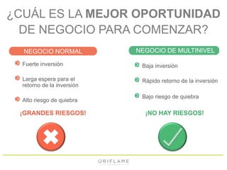 ¿CUÁL ES LA MEJOR OPORTUNIDAD 
DE NEGOCIO PARA COMENZAR? 
NEGOCIO NORMAL NEGOCIO DE MULTINIVEL 
Fuerte inversión 
Larga espera para el 
retorno de la inversión 
Alto riesgo de quiebra 
Baja inversión 
Rápido retorno de la inversión 
Bajo riesgo de quiebra 
¡GRANDES RIESGOS! ¡NO HAY RIESGOS! 
 
