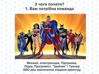 З чого почати? 1. Вам потрібна команда Механік, електронщик, Підтримка, Лідер, Програміст, "Ідейник" і Тренер АБО два захоплення людини-оркестру 