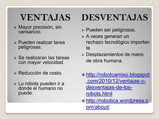 VENTAJAS DESVENTAJAS
 Mayor precisión, sin
cansancio.
 Pueden realizar tarea
peligrosas.
 Se realizaran las tareas
con mayor velocidad.
 Reducción de costo.
 Lo robots pueden ir a
donde el humano no
puede.
 Pueden ser peligrosos.
 A veces generan un
rechazo tecnológico importan
te
 Desplazamientos de mano
de obra humana.
 http://robotcamixo.blogspot
.com/2010/12/ventajas-y-
desventajas-de-los-
robots.html
 http://robotica.wordpress.c
om/about/
 