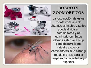 ROBOOTS
ZOOMORFICOS
La locomoción de estos
robots imita a la de
distintos animales y se los
puede dividir en
caminadores y no
caminadores. Estos
últimos están aún muy
poco desarrollados
mientras que los
caminadores sí lo están y
resultan útiles para la
exploración volcánica y
espacial.
 