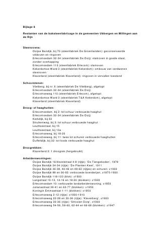 Gemeente           Smalspoor       Tichel-                           Overige:                               Waardering              Gebruik in 2001:
  Naam fabriek:        (-dijkjes):    gaten:    Veerhuis:    Trafohuis:  Bruggat:            Overige:         Nijhof (1-13*):   Steenfabriek:   Ander:    Geen:
Westervoort
De Emptepol                                                                                                          12                           X
De Nijgraaf                                                                                                           5                           X

Angerlo
De Muggenwaard                                                                                                        1                                    X
De Bahrsche Pol                                                                                                       1                                    X
De Koppenwaard                                                                                                       11                                    X

Zevenaar
De Panoven                                                                                                           12                           X

Gendringen
De Volharding                                                                                                        8
De IJssel bv                                                                                                         2                                     X

Bergh
De Nijverheid                                                                                                        ?               X

Winterswijk
De Vlijt bv                X                                                                                         6               X
Te Siepe, Schulte                                                                                                    8                            X

Groenlo
Wiegerinck&Over.                                                               X                                     1                                     X

* Nijhof classificeert de steenfabriekslocaties van 1 (niets meer aanwezig) tot 13 (complete oude oven in bedrijf)
 