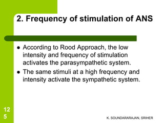 2. Frequency of stimulation of ANS
 According to Rood Approach, the low
intensity and frequency of stimulation
activates the parasympathetic system.
 The same stimuli at a high frequency and
intensity activate the sympathetic system.
K. SOUNDARARAJAN, SRIHER
12
5
 
