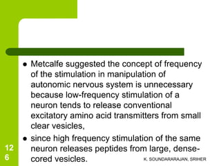  Metcalfe suggested the concept of frequency
of the stimulation in manipulation of
autonomic nervous system is unnecessary
because low-frequency stimulation of a
neuron tends to release conventional
excitatory amino acid transmitters from small
clear vesicles,
 since high frequency stimulation of the same
neuron releases peptides from large, dense-
cored vesicles. K. SOUNDARARAJAN, SRIHER
12
6
 