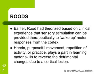 ROODS
 Earlier, Rood had theorized based on clinical
experience that sensory stimulation can be
provided therapeutically to 'wake up' motor
responses from the cortex.
 Herein, purposeful movement, repetition of
activity, or practice, plays a part in learning
motor skills to reverse the detrimental
changes due to a cortical lesion.
K. SOUNDARARAJAN, SRIHER
12
7
 