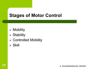 Stages of Motor Control
 Mobility
 Stability
 Controlled Mobility
 Skill
K. SOUNDARARAJAN, SRIHER17
 