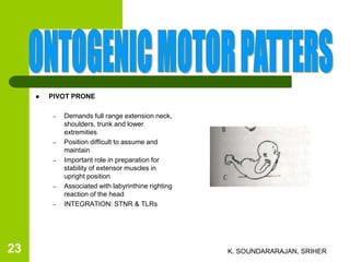  PIVOT PRONE
– Demands full range extension neck,
shoulders, trunk and lower
extremities
– Position difficult to assume and
maintain
– Important role in preparation for
stability of extensor muscles in
upright position
– Associated with labyrinthine righting
reaction of the head
– INTEGRATION: STNR & TLRs
K. SOUNDARARAJAN, SRIHER23
 