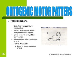  PRONE ON ELBOWS
– Stretches the upper trunk
musculature
– Influences stability scapular
and glenohumeral regions
– Gives better visability of the
environment
– Allows weight shifting from side
to side
– RECOMMENDED:
 Patients needs to inhibit
STNR
K. SOUNDARARAJAN, SRIHER25
 