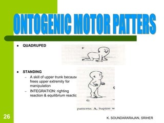  QUADRUPED
 STANDING
– A skill of upper trunk because it
frees upper extremity for
manipulation
– INTEGRATION: righting
reaction & equilibrium reaction
K. SOUNDARARAJAN, SRIHER26
 