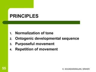 PRINCIPLES
1. Normalization of tone
2. Ontogenic developmental sequence
3. Purposeful movement
4. Repetition of movement
K. SOUNDARARAJAN, SRIHER55
 
