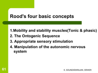 Rood's four basic concepts
1.Mobility and stability muscles(Tonic & phasic)
2. The Ontogenic Sequence
3. Appropriate sensory stimulation
4. Manipulation of the autonomic nervous
system
K. SOUNDARARAJAN, SRIHER61
 