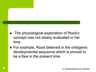  The physiological exploration of Rood’s
concept was not clearly evaluated in her
time.
 For example, Rood believed in the ontogenic
developmental sequence which is proved to
be a flaw in the present time
K. SOUNDARARAJAN, SRIHER9
 