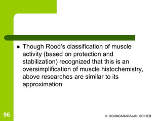  Though Rood’s classification of muscle
activity (based on protection and
stabilization) recognized that this is an
oversimplification of muscle histochemistry,
above researches are similar to its
approximation
K. SOUNDARARAJAN, SRIHER96
 