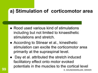 a) Stimulation of corticomotor area
 Rood used various kind of stimulations
including but not limited to kinaesthetic
stimulations and stretch.
 According to Stinear et al., kinesthetic
stimulation can excite the corticomotor area
primarily at the supraspinal level.
 Day et al. attributed the stretch induced
facilitatory effect onto motor evoked
potentials in the muscles to the cortical level
K. SOUNDARARAJAN, SRIHER99
 