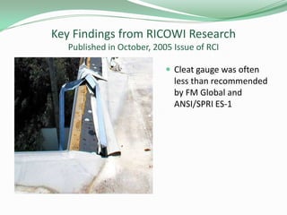 Key Findings from RICOWI Research
Published in October, 2005 Issue of RCI
 Cleat gauge was often
less than recommended
by FM Global and
ANSI/SPRI ES-1
 
