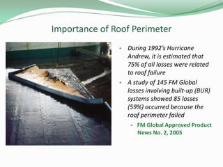 Importance of Roof Perimeter
• During 1992’s Hurricane
Andrew, it is estimated that
75% of all losses were related
to roof failure
• A study of 145 FM Global
losses involving built-up (BUR)
systems showed 85 losses
(59%) occurred because the
roof perimeter failed
- FM Global Approved Product
News No. 2, 2005
 