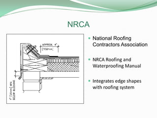 NRCA
 National Roofing
Contractors Association
 NRCA Roofing and
Waterproofing Manual
 Integrates edge shapes
with roofing system
 
