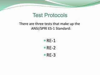 Test Protocols
There are three tests that make up the
ANSI/SPRI ES-1 Standard:
RE-1
RE-2
RE-3
 