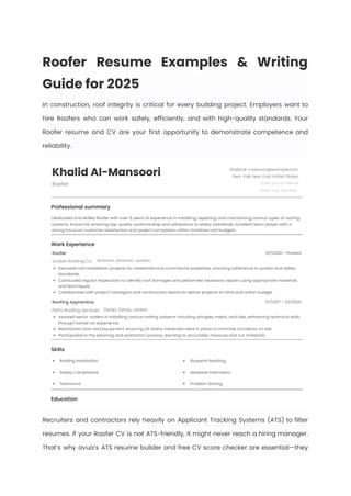 Roofer Resume Examples & Writing Guide for 2025 | PDF