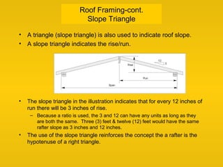 Roof Framing-cont.
Slope Triangle
• A triangle (slope triangle) is also used to indicate roof slope.
• A slope triangle indicates the rise/run.
• The slope triangle in the illustration indicates that for every 12 inches of
run there will be 3 inches of rise.
– Because a ratio is used, the 3 and 12 can have any units as long as they
are both the same. Three (3) feet & twelve (12) feet would have the same
rafter slope as 3 inches and 12 inches.
• The use of the slope triangle reinforces the concept the a rafter is the
hypotenuse of a right triangle.
 