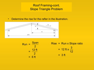 Roof Framing-cont.
Slope Triangle Problem
• Determine the rise for the rafter in the illustration.
Rise = Run x Slope ratio
= 12 ft x
3
12
= 3 ft
Run =
Span
2
=
12 ft
2
= 6 ft
 