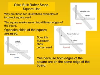 Stick Built Rafter Steps.
Square Use
Opposite sides of the square
are used.
Yes because both edges of the
square are on the same edge of the
board.
The square marks are on two different edges of
the board.
Why are these two illustrations examples of
incorrect square use?
Does this
illustration
show
correct use?
 