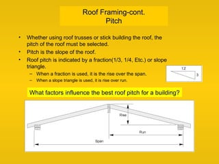 Roof Framing-cont.
Pitch
• Whether using roof trusses or stick building the roof, the
pitch of the roof must be selected.
• Pitch is the slope of the roof.
• Roof pitch is indicated by a fraction(1/3, 1/4, Etc.) or slope
triangle.
– When a fraction is used, it is the rise over the span.
– When a slope triangle is used, it is rise over run.
What factors influence the best roof pitch for a building?
 