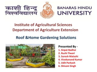 Institute of Agricultural Sciences
Department of Agriculture Extension
Roof &Home Gardening Solutions
Presented By -
1. Sirpat Badhai
2. Ruchi Tiwari
3. Suresh Malashi
4. Vivekanand Kumar
5. Udit Parkash
6. Shivam Singh
 