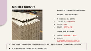 MARKET SURVEY
ASBESTOS CEMENT ROOFING SHEET
PRODUCT SPECIFICATIONS:
● THICKNESS : 0.3-0.6 MM
● LENGTH :5,6,10,12 FEET
● WIDTH : 3 FEET
● COLOR : OFF WHITE
USAGE FOR ROOFING
● FINISH : POWDER COATED
● BRANDS :
EVEREST,RAMCO,CHARMINAR
● THE SIZES AND PRICE OF ASBESTOS SHEETS WILL BE VARY FROM LOCATION TO LOCATION.
● IT IS AROUND RS 130 / METER TO 200 / METER.
 