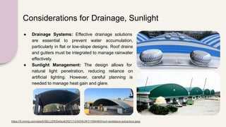 Considerations for Drainage, Sunlight
● Drainage Systems: Effective drainage solutions
are essential to prevent water accumulation,
particularly in flat or low-slope designs. Roof drains
and gutters must be integrated to manage rainwater
effectively.
● Sunlight Management: The design allows for
natural light penetration, reducing reliance on
artificial lighting. However, careful planning is
needed to manage heat gain and glare.
https://5.imimg.com/data5/SELLER/Default/2021/12/WI/WJ/KT/1594483/roof-ventilators-extractors.jpeg
 