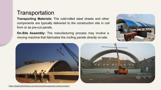 Transportation
Transporting Materials: The cold-rolled steel sheets and other
components are typically delivered to the construction site in coil
form or as pre-cut panels.
On-Site Assembly: The manufacturing process may involve a
moving machine that fabricates the roofing panels directly on-site.
https://steelcraftinfratech.com/service/self-supported-roofing-system/
 