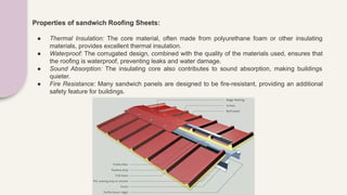 Properties of sandwich Roofing Sheets:
● Thermal Insulation: The core material, often made from polyurethane foam or other insulating
materials, provides excellent thermal insulation.
● Waterproof: The corrugated design, combined with the quality of the materials used, ensures that
the roofing is waterproof, preventing leaks and water damage.
● Sound Absorption: The insulating core also contributes to sound absorption, making buildings
quieter.
● Fire Resistance: Many sandwich panels are designed to be fire-resistant, providing an additional
safety feature for buildings.
 
