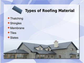 Types of Roofing MaterialTypes of Roofing Material
Thatching
Shingles
Membrane
Tiles
Slates
 