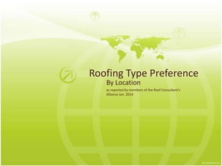 Roofing Type Preference
By Location

as reported by members of the Roof Consultant’s
Alliance Jan. 2014

 