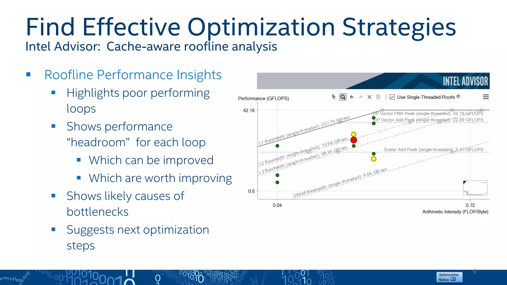 9
Find Effective Optimization Strategies
Intel Advisor: Cache-aware roofline analysis
 Roofline Performance Insights
 Highlights poor performing
loops
 Shows performance
“headroom” for each loop
 Which can be improved
 Which are worth improving
 Shows likely causes of
bottlenecks
 Suggests next optimization
steps
 