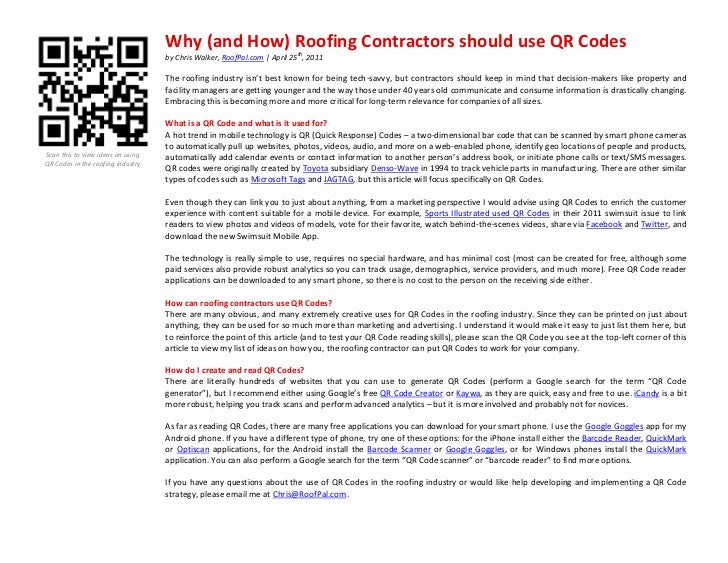 RoofPal QR Codes Roofing Industry April 2011