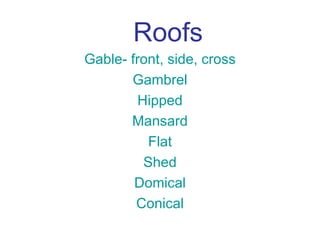 Roofs
Gable- front, side, cross
       Gambrel
         Hipped
       Mansard
           Flat
          Shed
        Domical
        Conical
 
